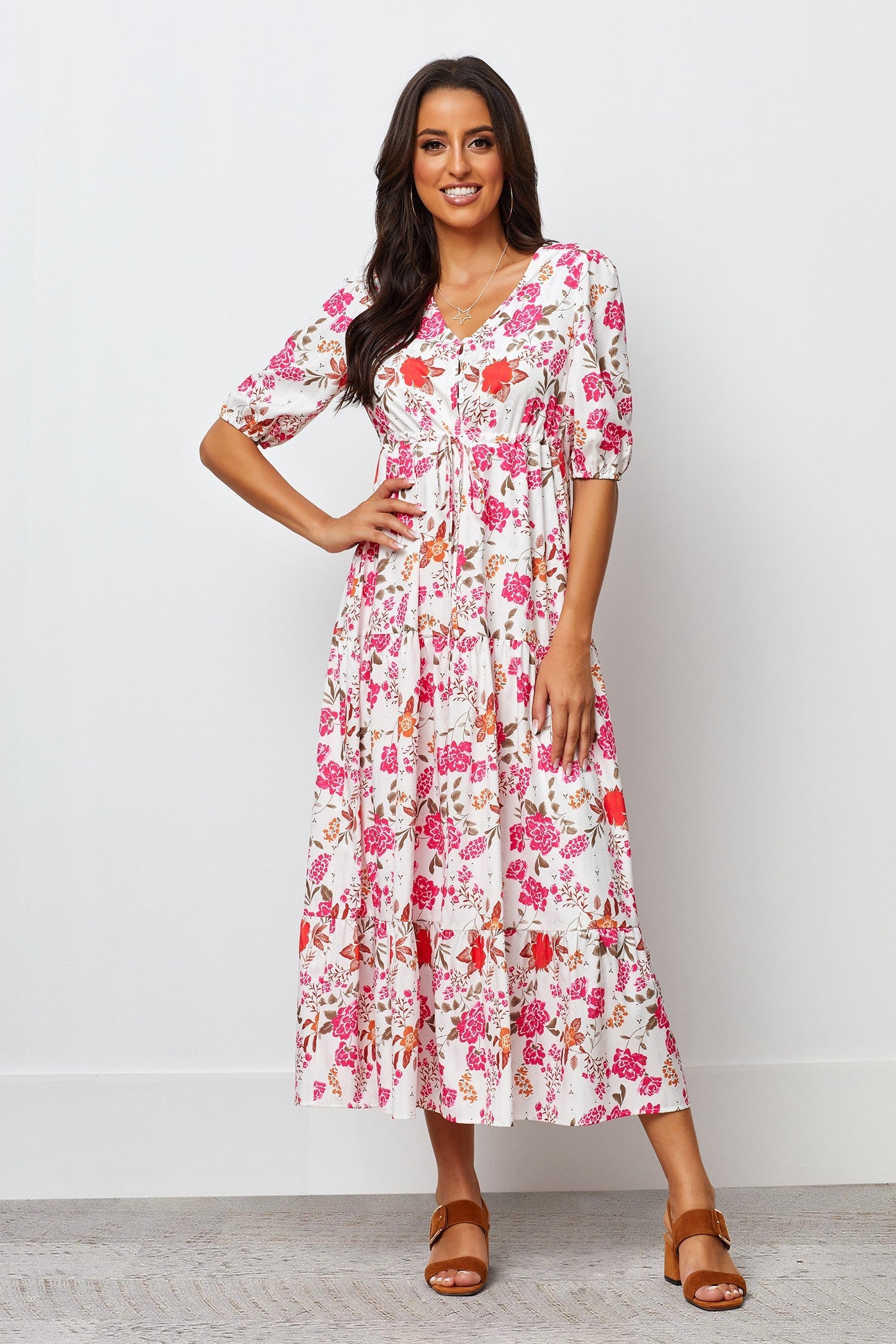 White Poly Rayon Floral Print Puff Sleeve Dress - Stylish & Elegant Women's Fashion