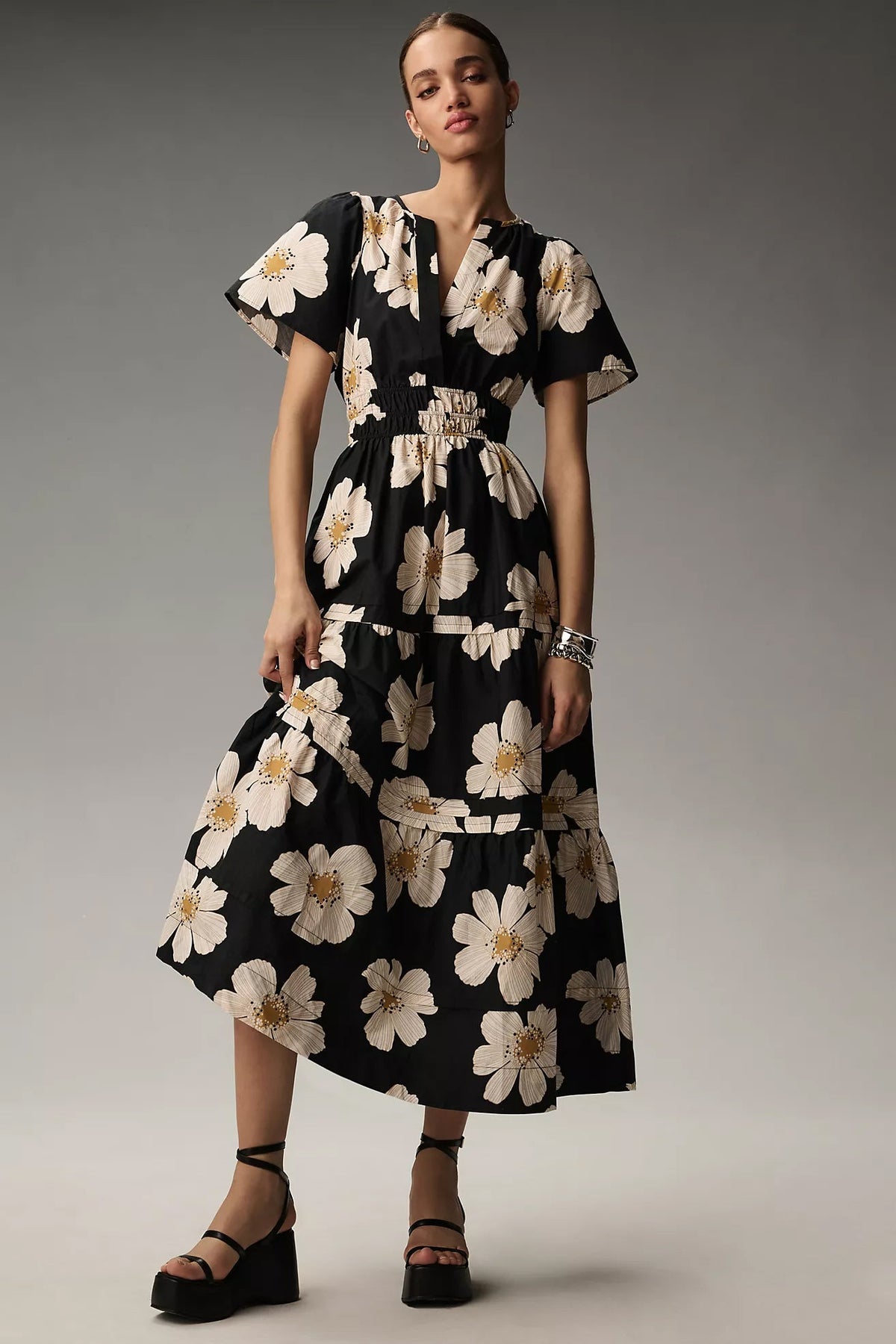 Black Floral Print A-line Mock Dress - Short Sleeves Poly Rayon Fashion Outfit