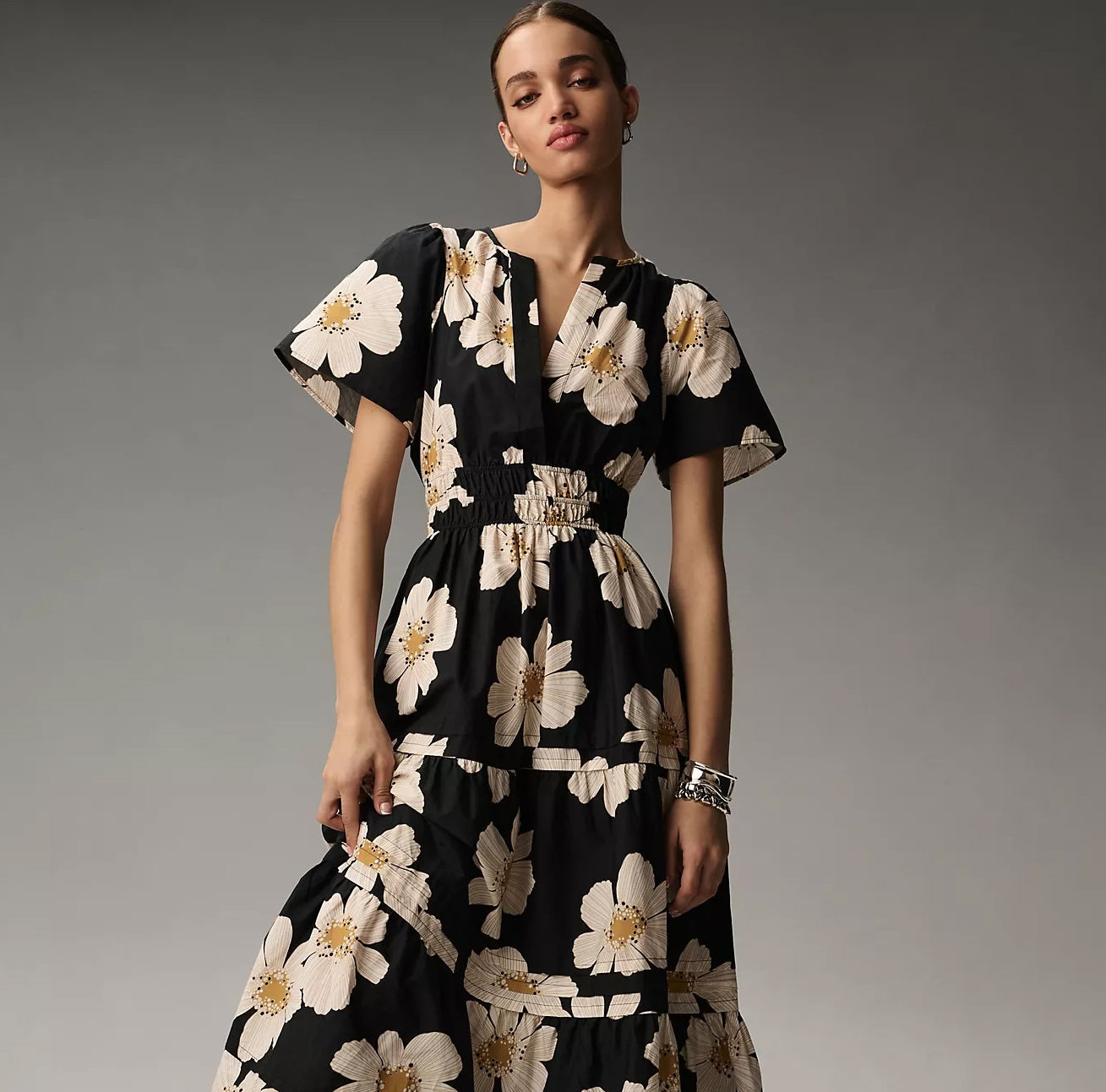 Black Floral Print A-line Mock Dress - Short Sleeves Poly Rayon Fashion Outfit