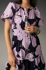 Stylish Purple A-line Poly Rayon Dress with Print & Short Sleeves - Round Neck