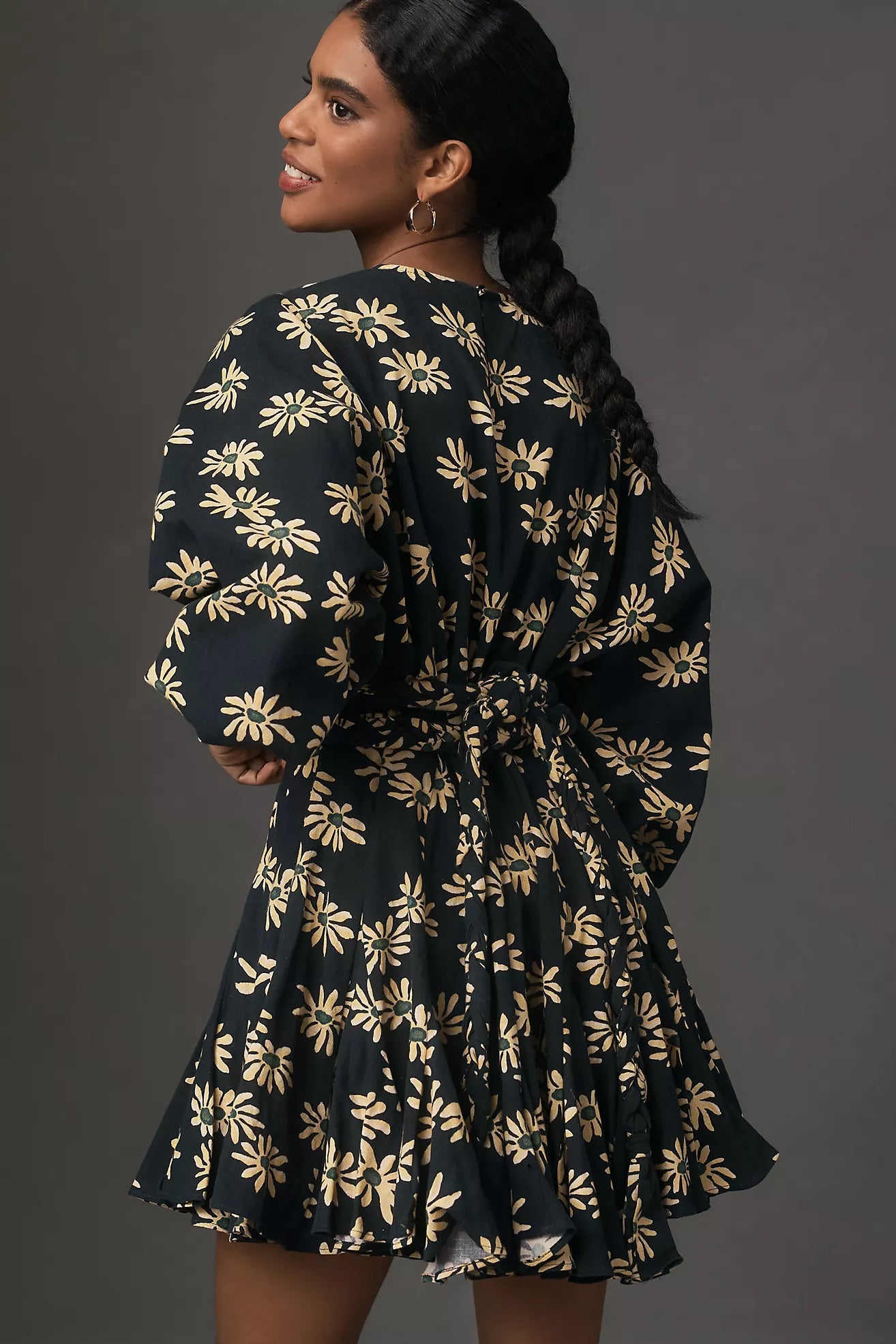Stylish Black Printed Balloon Sleeve Dress With Braided Waist Belt - Crepe Round Neck Design