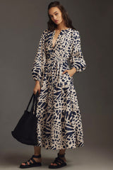 Stylish Blue A-line Poly Rayon Dress with Balloon Sleeves and V Neck Design