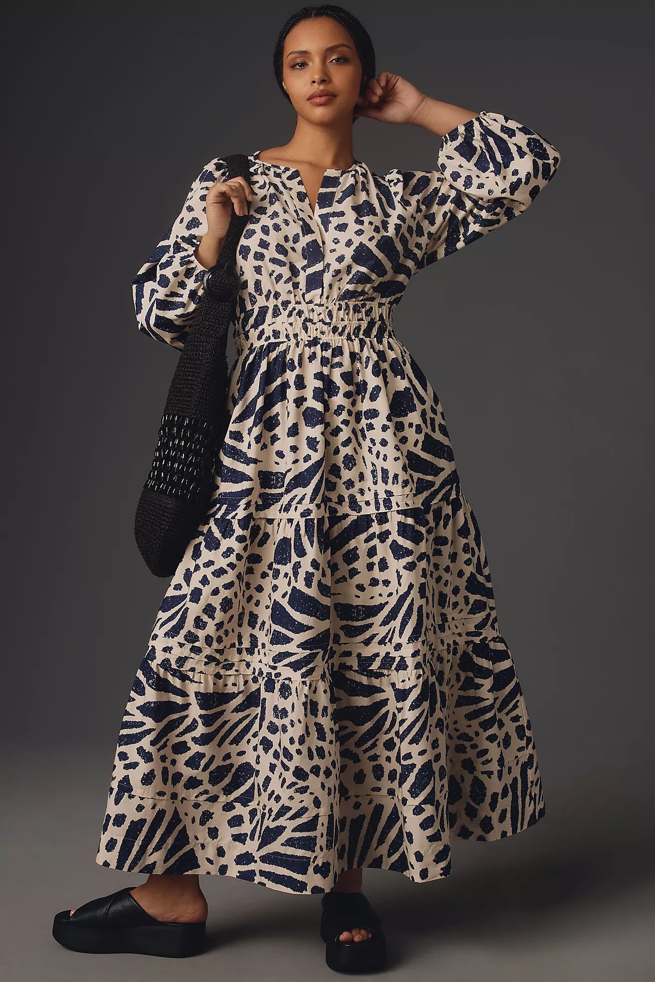 Stylish Blue A-line Poly Rayon Dress with Balloon Sleeves and V Neck Design