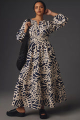 Stylish Blue A-line Poly Rayon Dress with Balloon Sleeves and V Neck Design