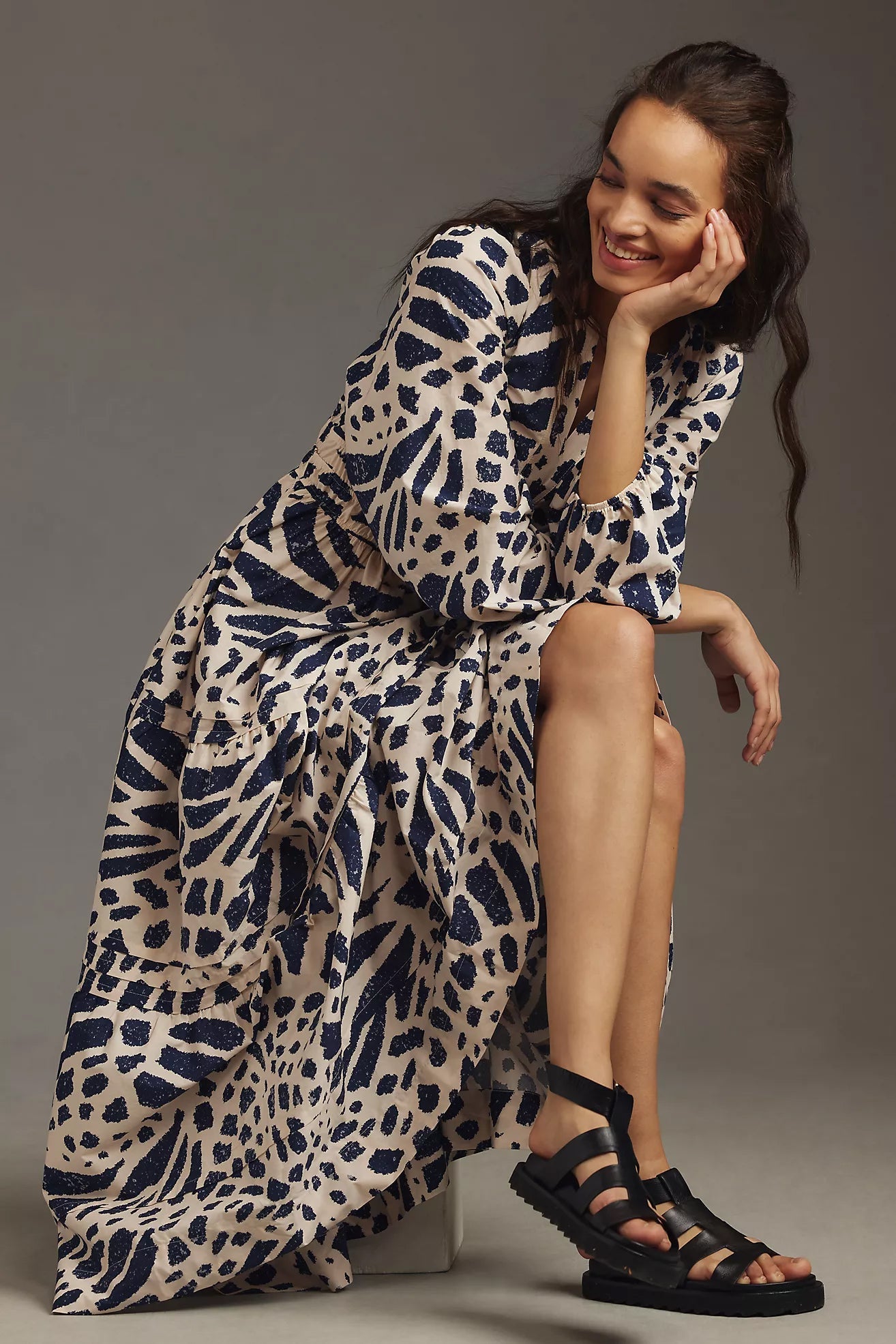 Stylish Blue A-line Poly Rayon Dress with Balloon Sleeves and V Neck Design