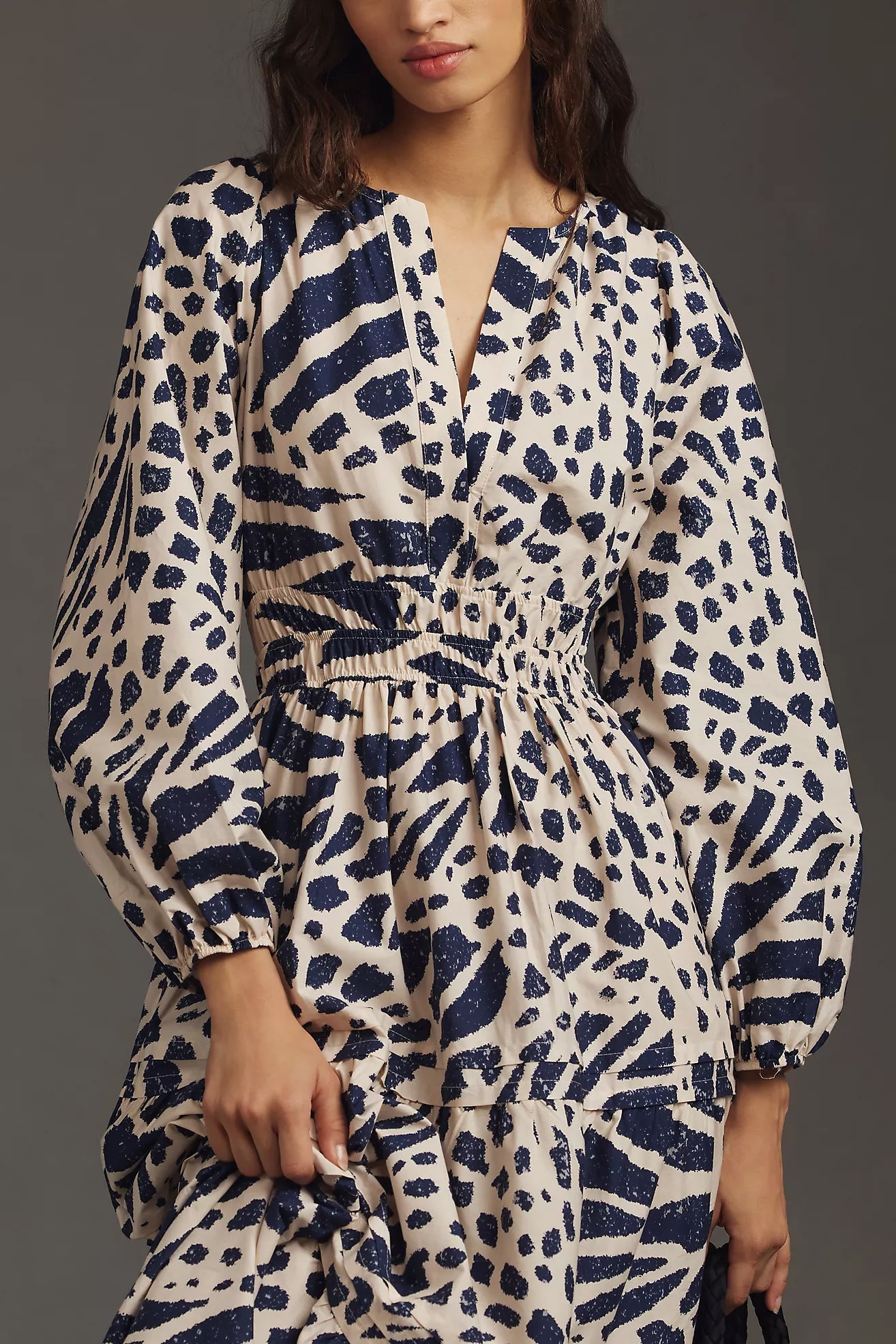 Stylish Blue A-line Poly Rayon Dress with Balloon Sleeves and V Neck Design