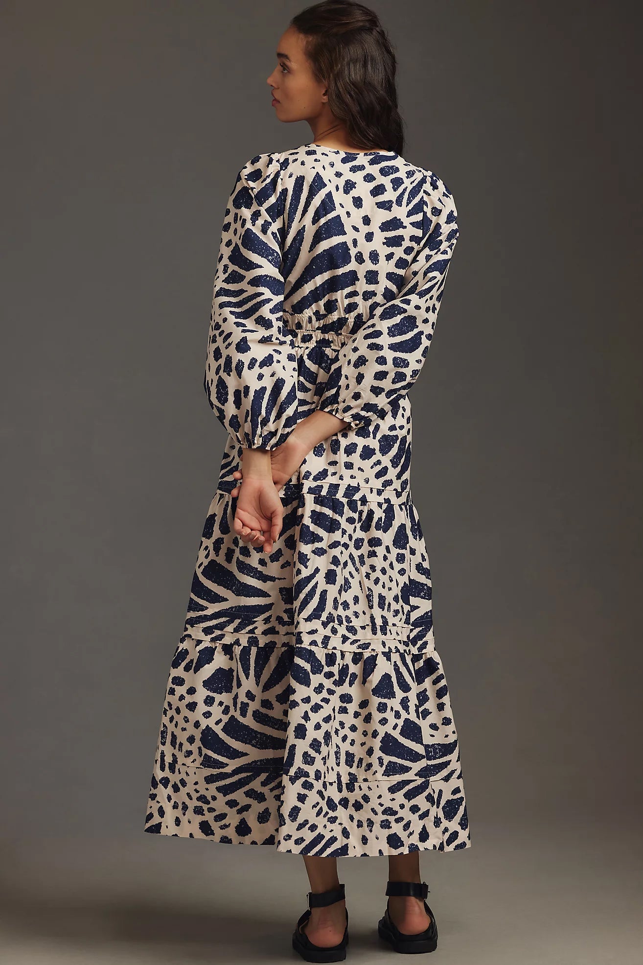Stylish Blue A-line Poly Rayon Dress with Balloon Sleeves and V Neck Design