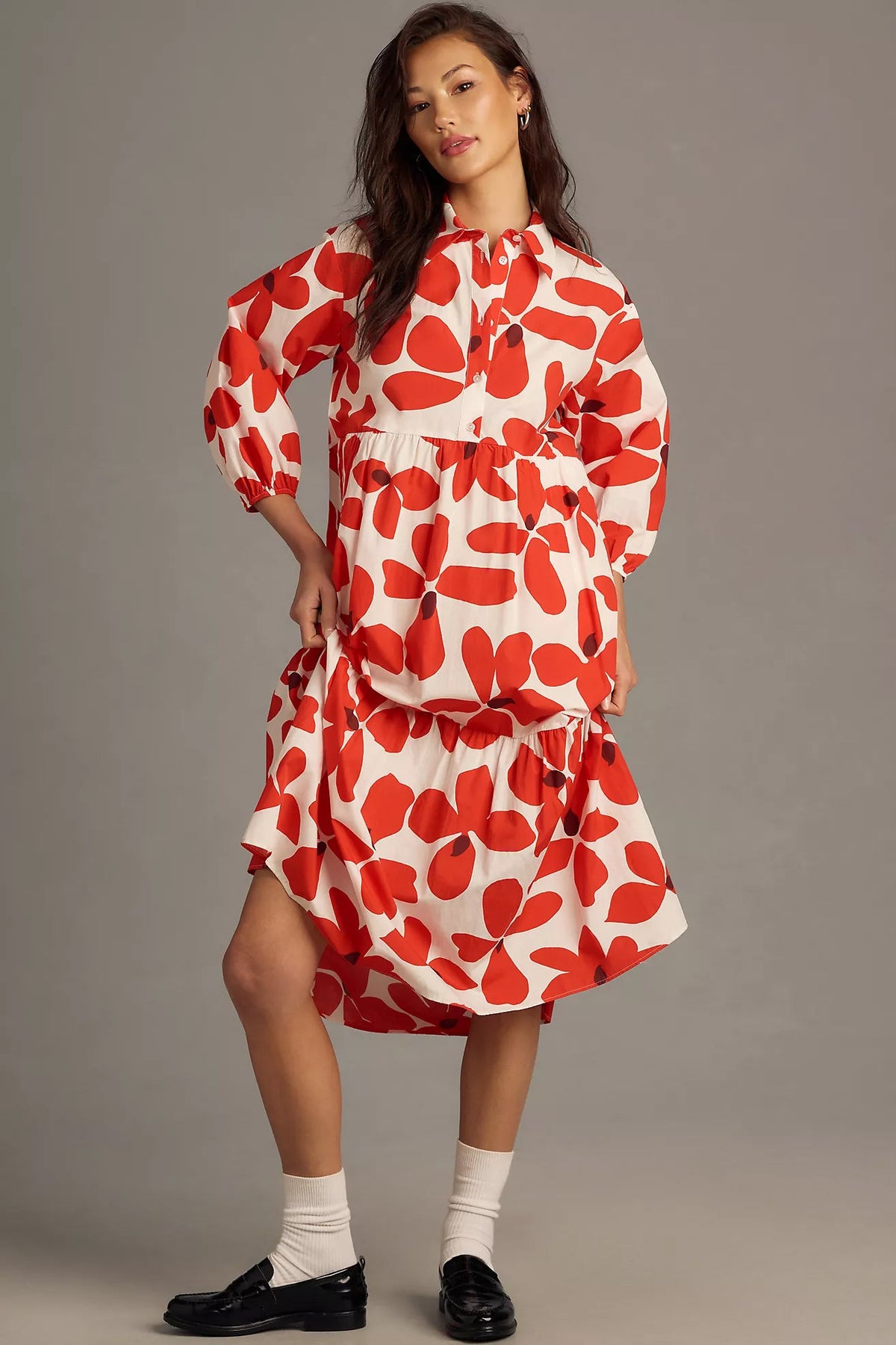 Peach Floral Print A-line Dress with Puff Sleeves and Collar - Poly Rayon Fabric