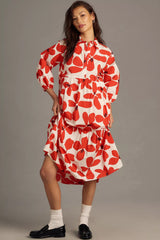 Peach Floral Print A-line Dress with Puff Sleeves and Collar - Poly Rayon Fabric