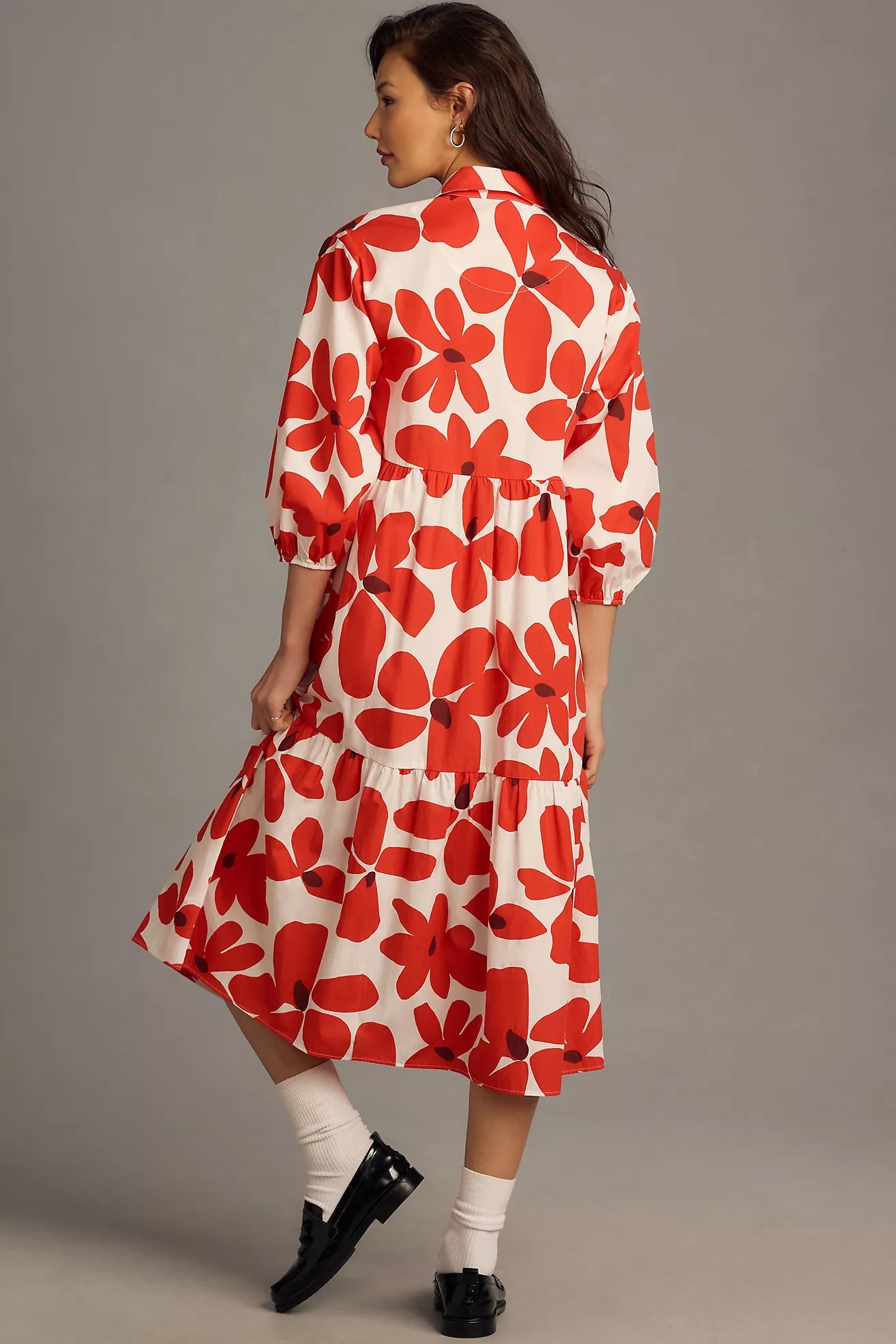 Peach Floral Print A-line Dress with Puff Sleeves and Collar - Poly Rayon Fabric
