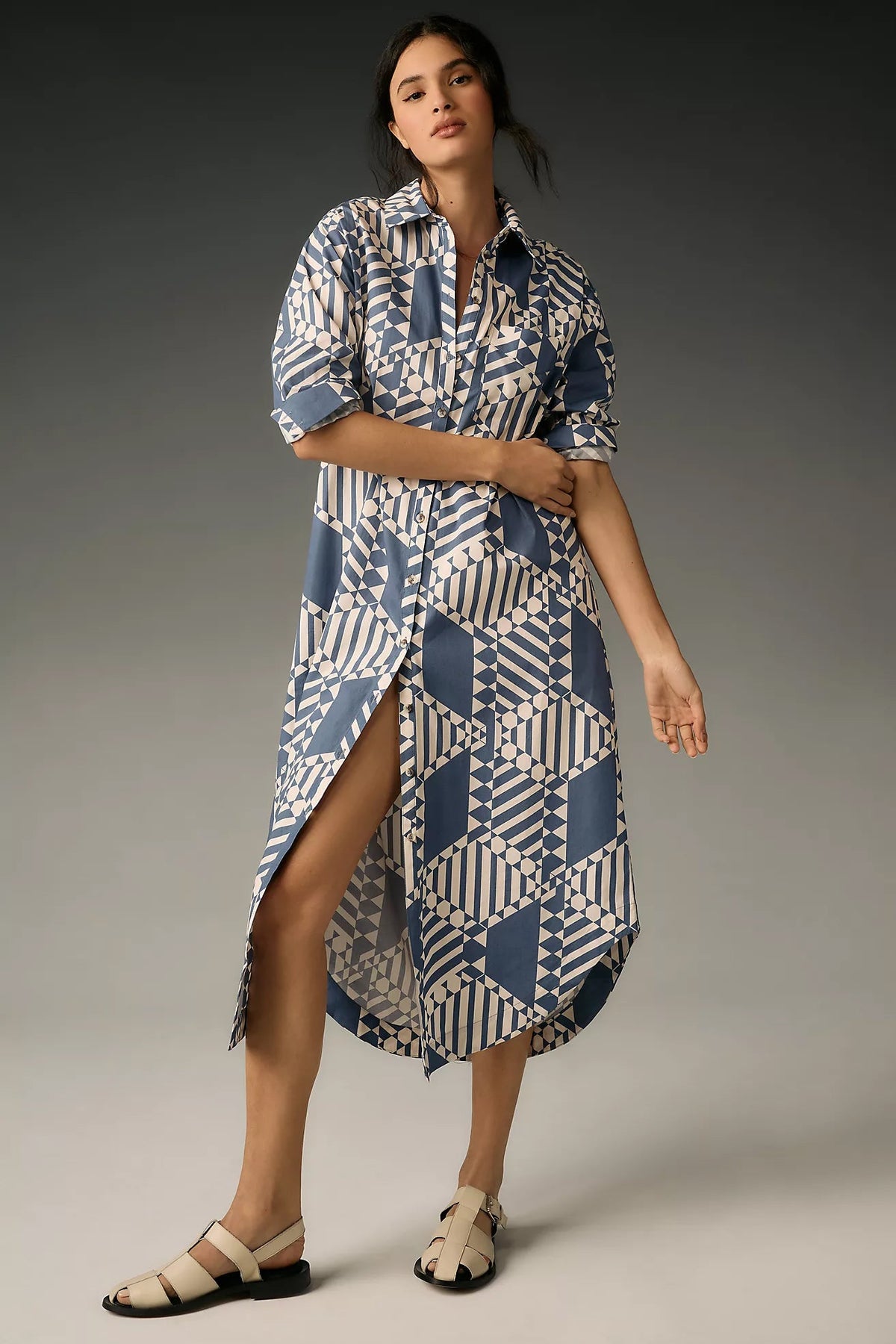 Stylish Grey A-line Collared Dress - Printed Poly Rayon for Any Occasion