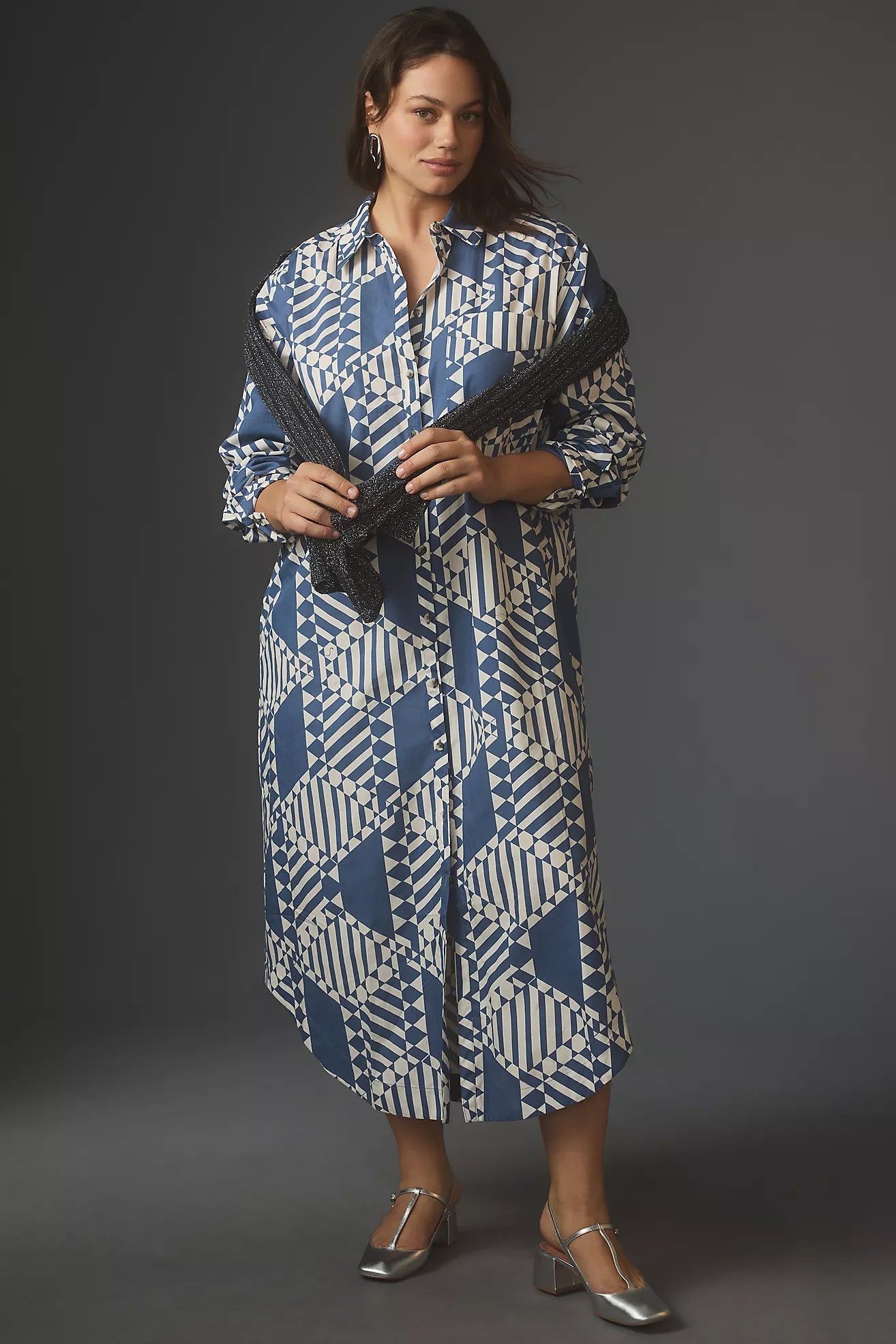 Stylish Grey A-line Collared Dress - Printed Poly Rayon for Any Occasion