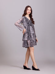 Stylish Grey Georgette V-Neck Dress With Snake Print & Puff Sleeves