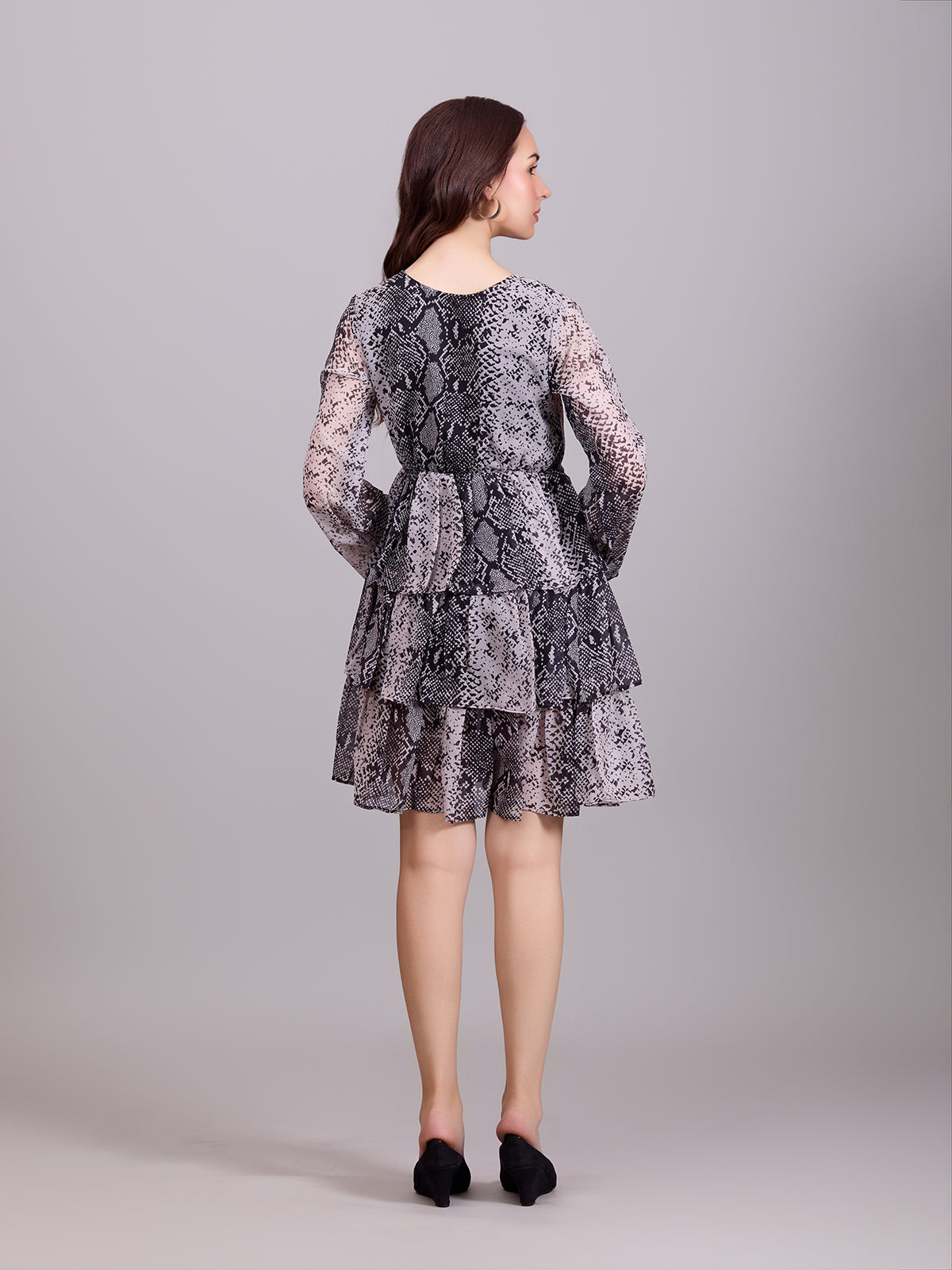 Stylish Grey Georgette V-Neck Dress With Snake Print & Puff Sleeves