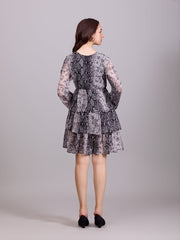 Stylish Grey Georgette V-Neck Dress With Snake Print & Puff Sleeves