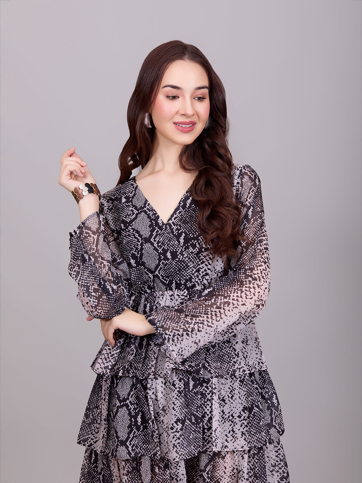 Stylish Grey Georgette V-Neck Dress With Snake Print & Puff Sleeves