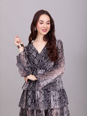 Stylish Grey Georgette V-Neck Dress With Snake Print & Puff Sleeves