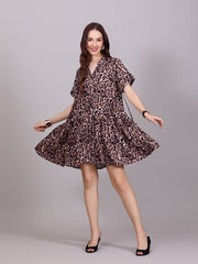 Chic Brown Poly Rayon LeaopaRD Print Dress