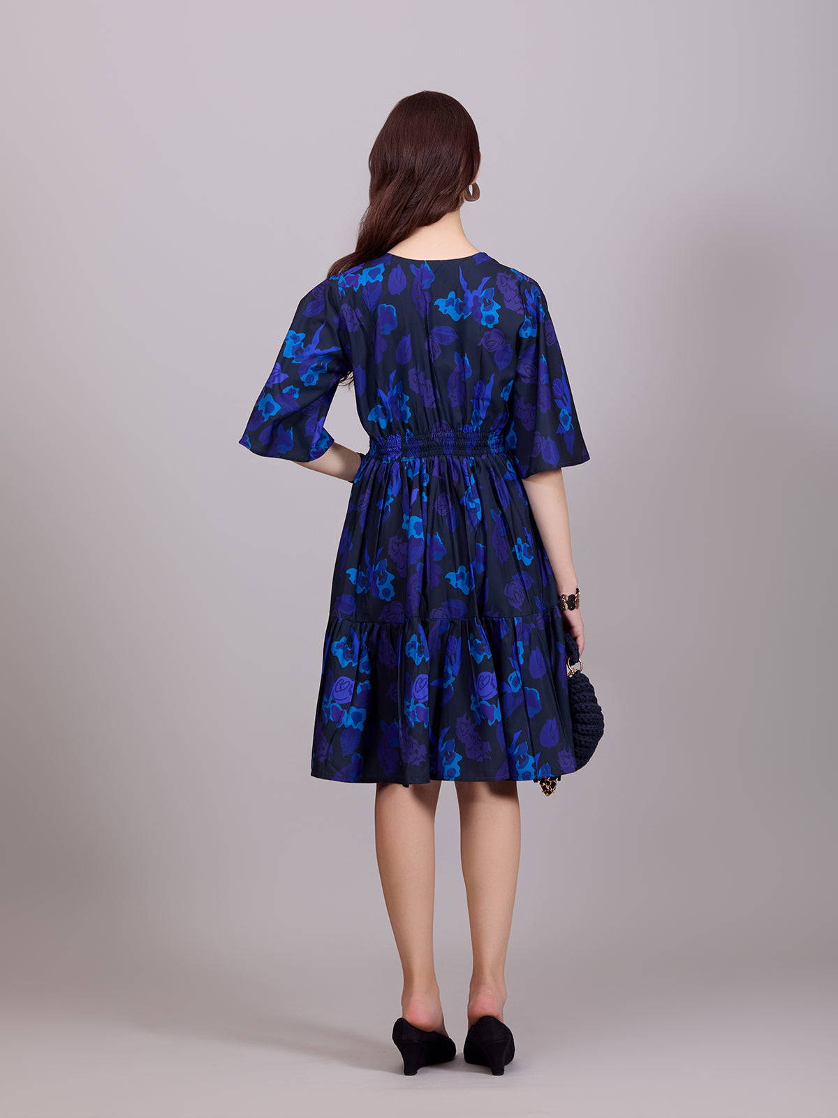 Chic Blue Crepe V-Neck Dress With Floral Print & Kaftan Sleeve