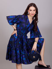 Chic Blue Crepe V-Neck Dress With Floral Print & Kaftan Sleeve