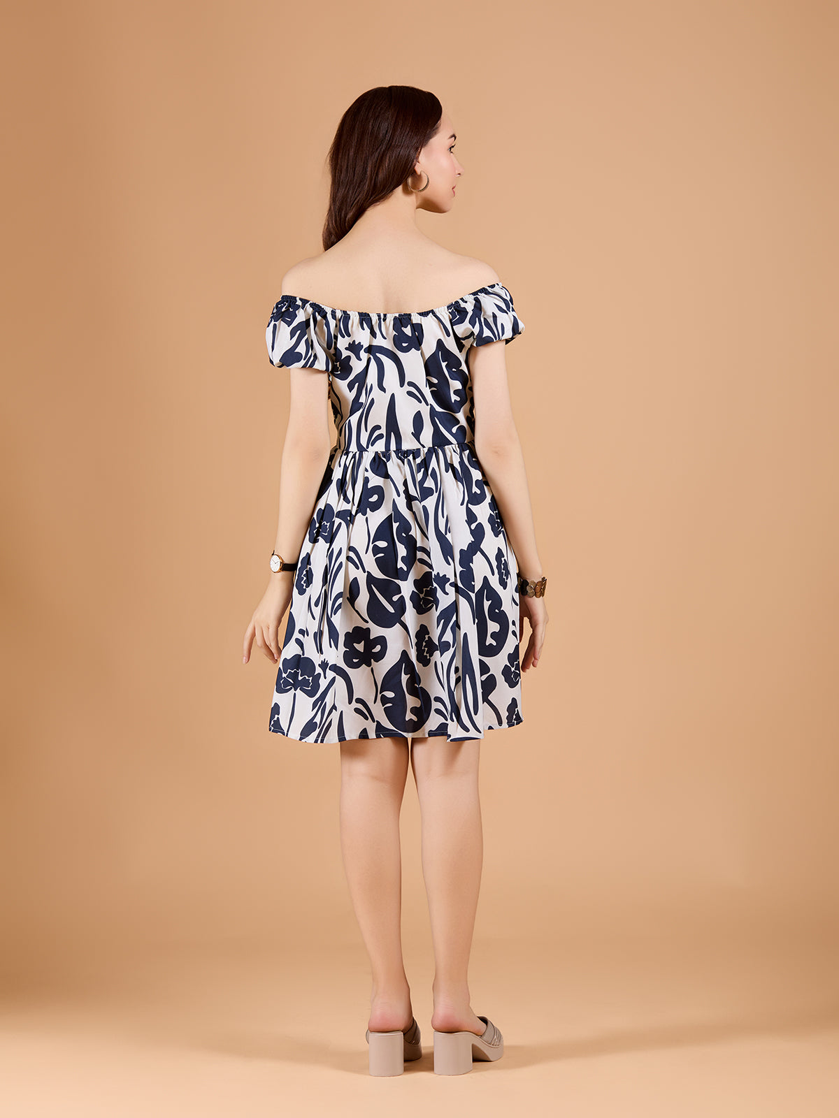 Stylish Dark Blue Poly Rayon V-Neck Dress With Floral Print & Off-shoulder | 65% Off!