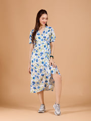Chic White Poly Rayon Floral Print Dress