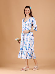 Elegant White Poly Satin V-Neck Dress With Floral Print & Regular Sleeve