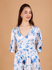 Elegant White Poly Satin V-Neck Dress With Floral Print & Regular Sleeve