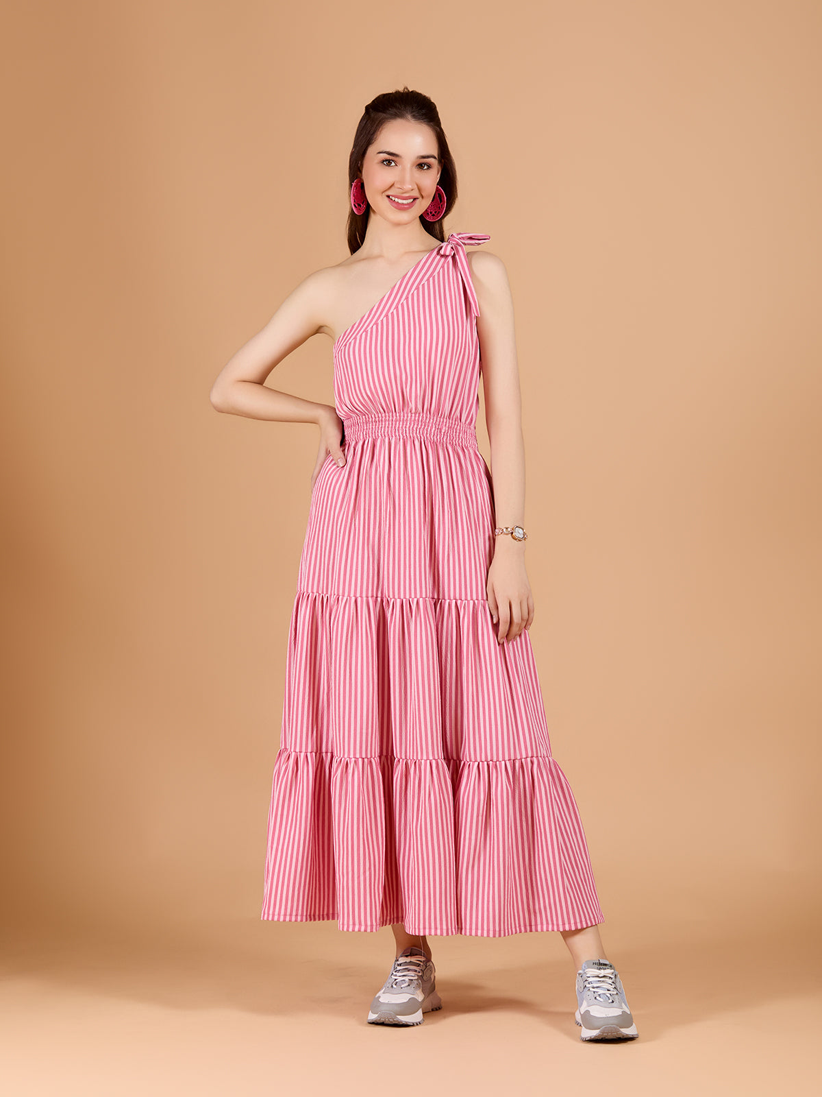 Chic Pink White Poly Rayon Stripe Print Dress