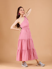 Ravising Pink White Poly Rayon One Shoulder Dress With Stripe Print & One Shoulder Sleeve