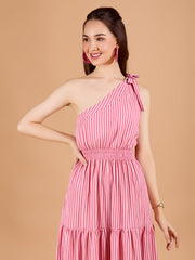 Ravising Pink White Poly Rayon One Shoulder Dress With Stripe Print & One Shoulder Sleeve