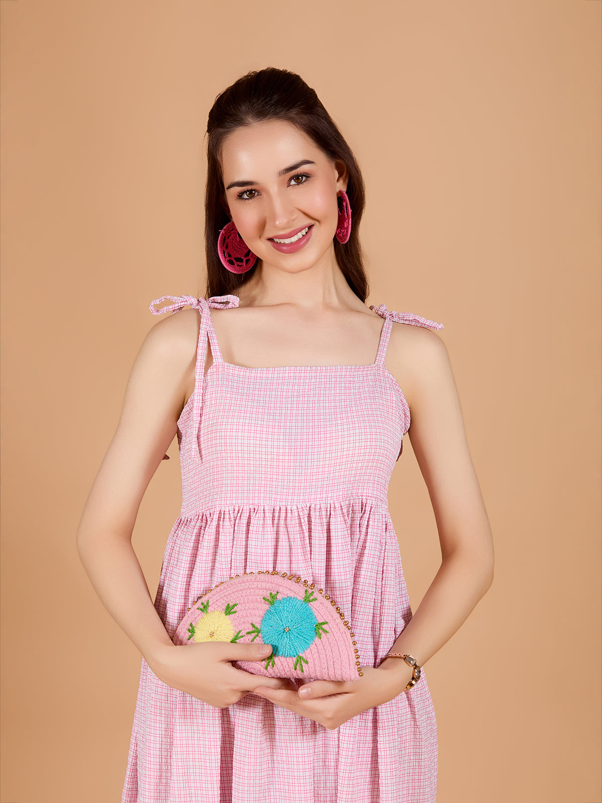 Elegant Baby Pink Poly Rayon Square Neck Dress With Checkered & Sleeveless