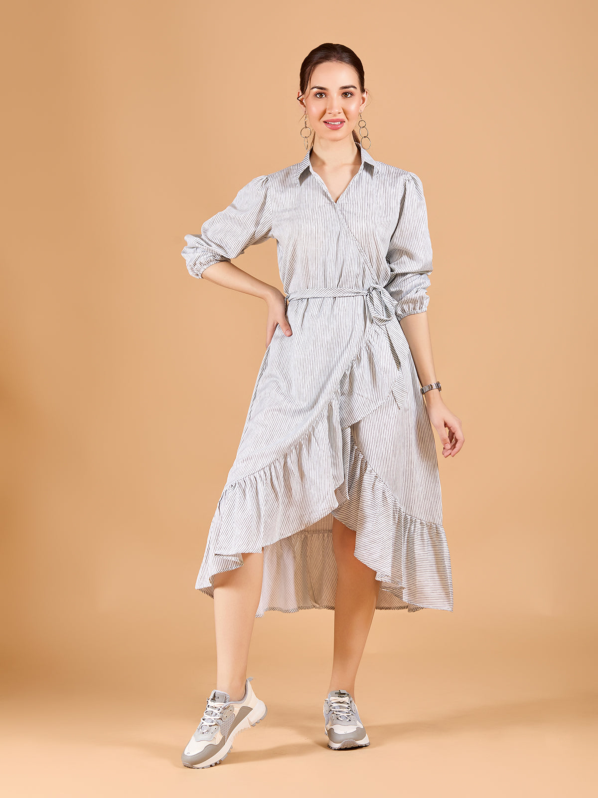 Chic White Poly Rayon Stripe Print Dress