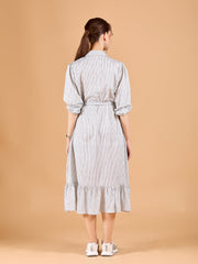 Ravising White Poly Rayon V-Neck Dress With Stripe Print & Puff Sleeves
