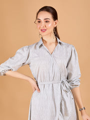 Ravising White Poly Rayon V-Neck Dress With Stripe Print & Puff Sleeves