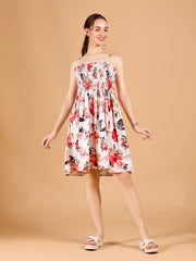 Chic Light Pink Poly Satin Floral Print Dress