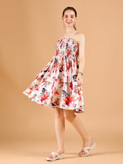 Stylish Light Pink Poly Rayon Tube Dress With Floral Print & Strappy