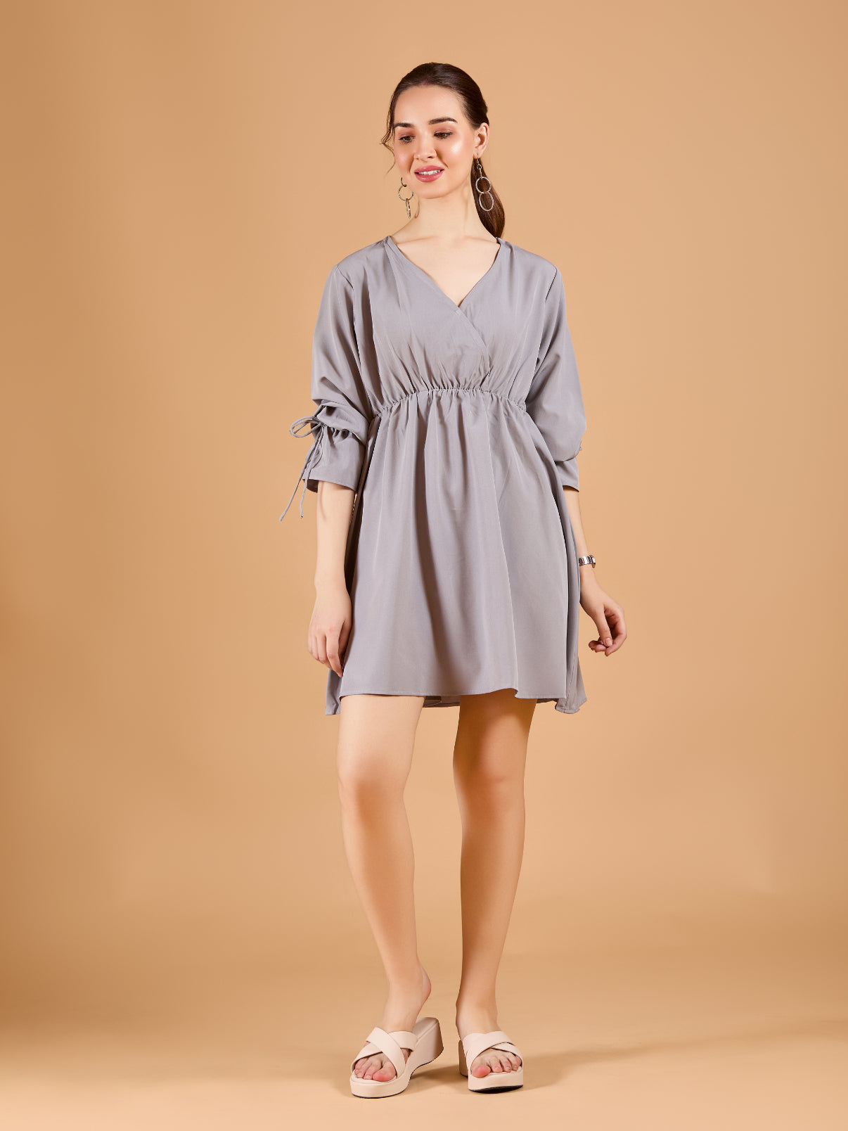 Stylish Grey Crepe Short Dress with Long Sleeves - Solid Overlap Design
