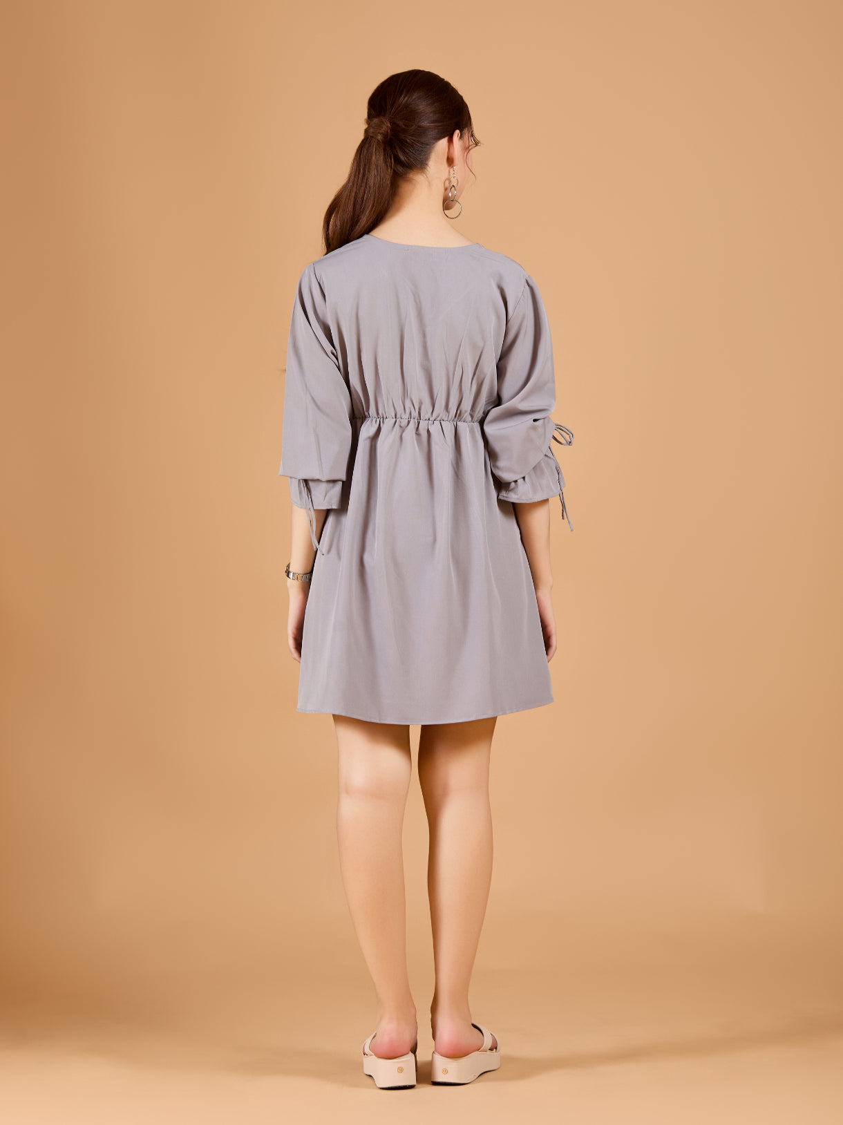 Stylish Grey Crepe Short Dress with Long Sleeves - Solid Overlap Design