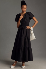 Stylish Black Poly Rayon V-Neck Dress With Solid & Puff Sleeves
