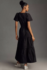 Stylish Black Poly Rayon V-Neck Dress With Solid & Puff Sleeves