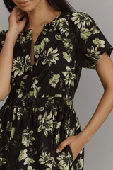 Elegant Black Poly Rayon V-Neck Dress With Floral Print & Puff Sleeves