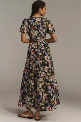 Chic Multi Poly Rayon V-Neck Dress With Floral Print & Puff Sleeves