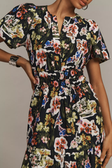 Chic Multi Poly Rayon V-Neck Dress With Floral Print & Puff Sleeves