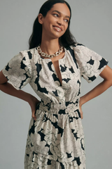 Ravising Black White Poly Rayon V-Neck Dress With Floral Print & Puff Sleeves