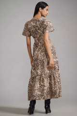 Elegant Brown Poly Rayon V-Neck Dress With Tiger Print & Puff Sleeves