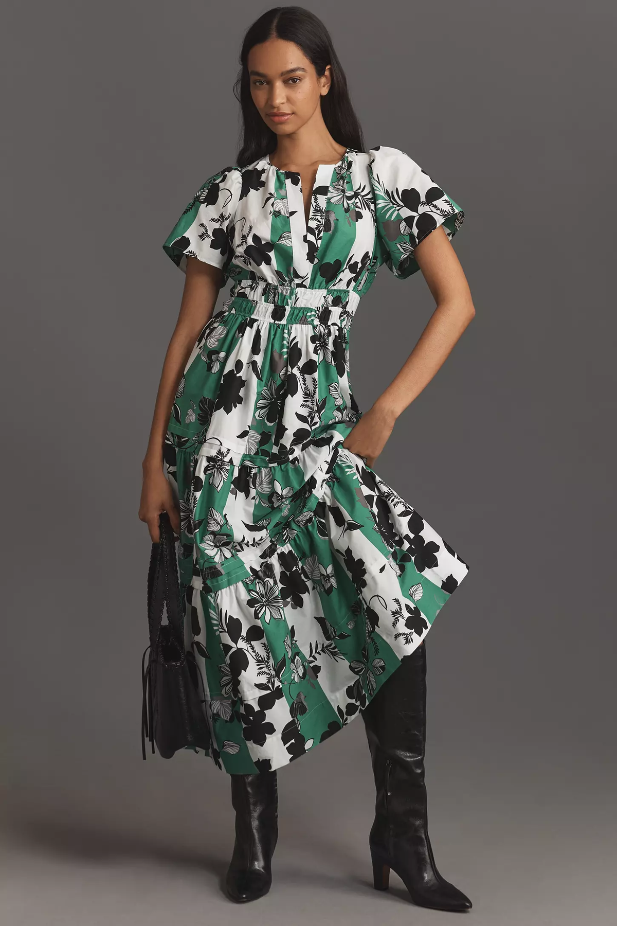 Chic White Teal Green Poly Rayon Floral Print Dress