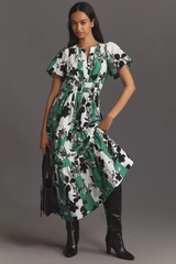 Chic White Teal Green Poly Rayon Floral Print Dress