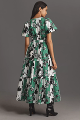 Chic White Teal Green Poly Rayon V-Neck Dress With Floral Print & Puff Sleeves