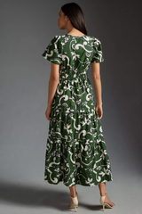 Ravising Dark Green Poly Rayon V-Neck Dress With Floral Print & Puff Sleeves